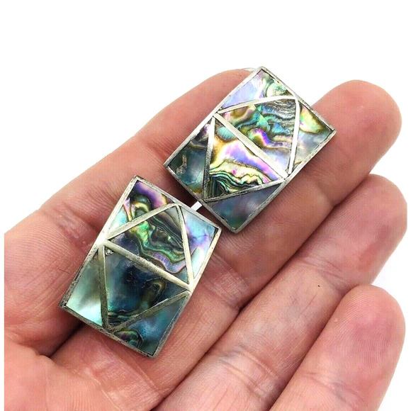 Vintage Taxco Abalone Shell Inlay Screw Back Earrings Mexico - Picture 2 of 6